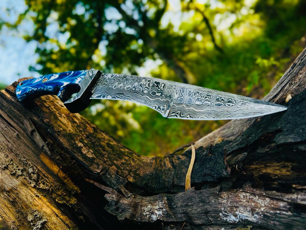 Blue resin swirl damascus hunting knife